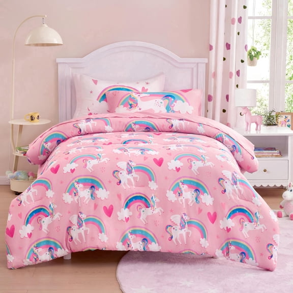 Joyfy Unicorn Rainbow Comforter Set 5-Piece for Kids, Twin Size Bed in a Bag for Boys & Girls, Super Soft Microfiber with Sheets & Pillowcase