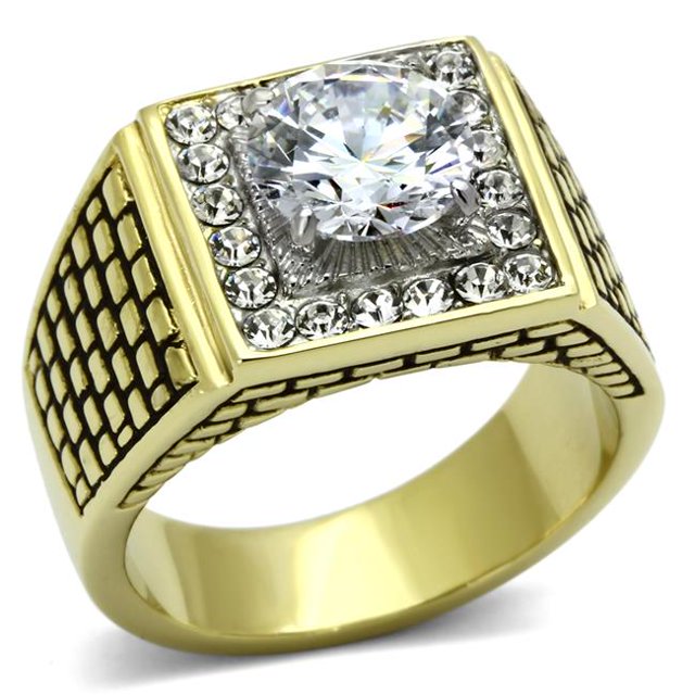 Men Two-Tone IP Gold Stainless Steel Ring with AAA Grade CZ in Clear - Size 9