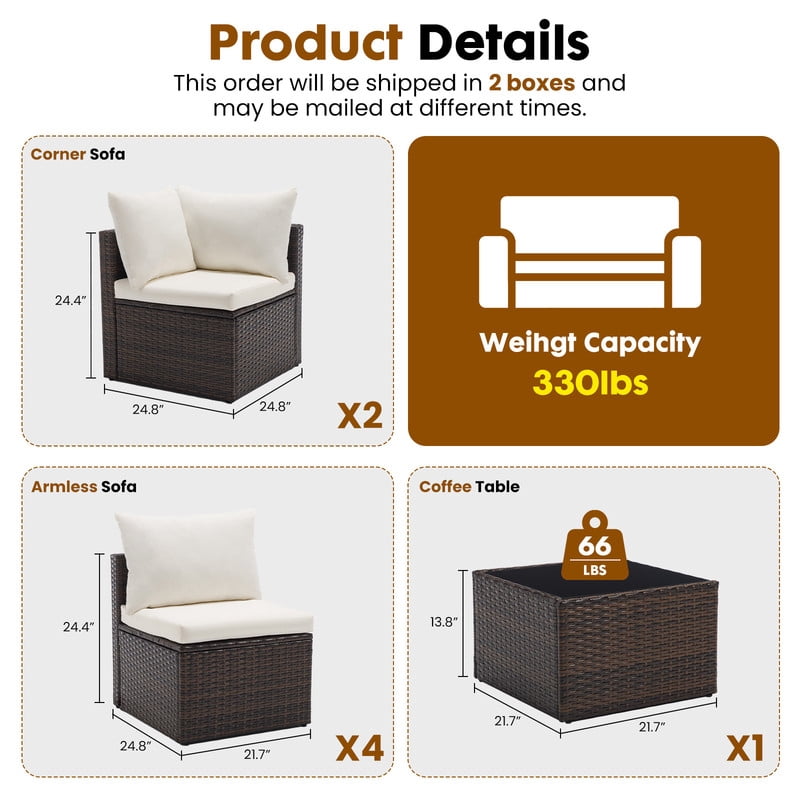 Gianna 7 Piece Outdoor Patio Sectional Sofa, Modular Wicker Furniture Set with 2.8" Thick Cushions, Adjustable Feet, All-Weather Rattan Outdoor Couch for Backyard, Poolside, Brown
