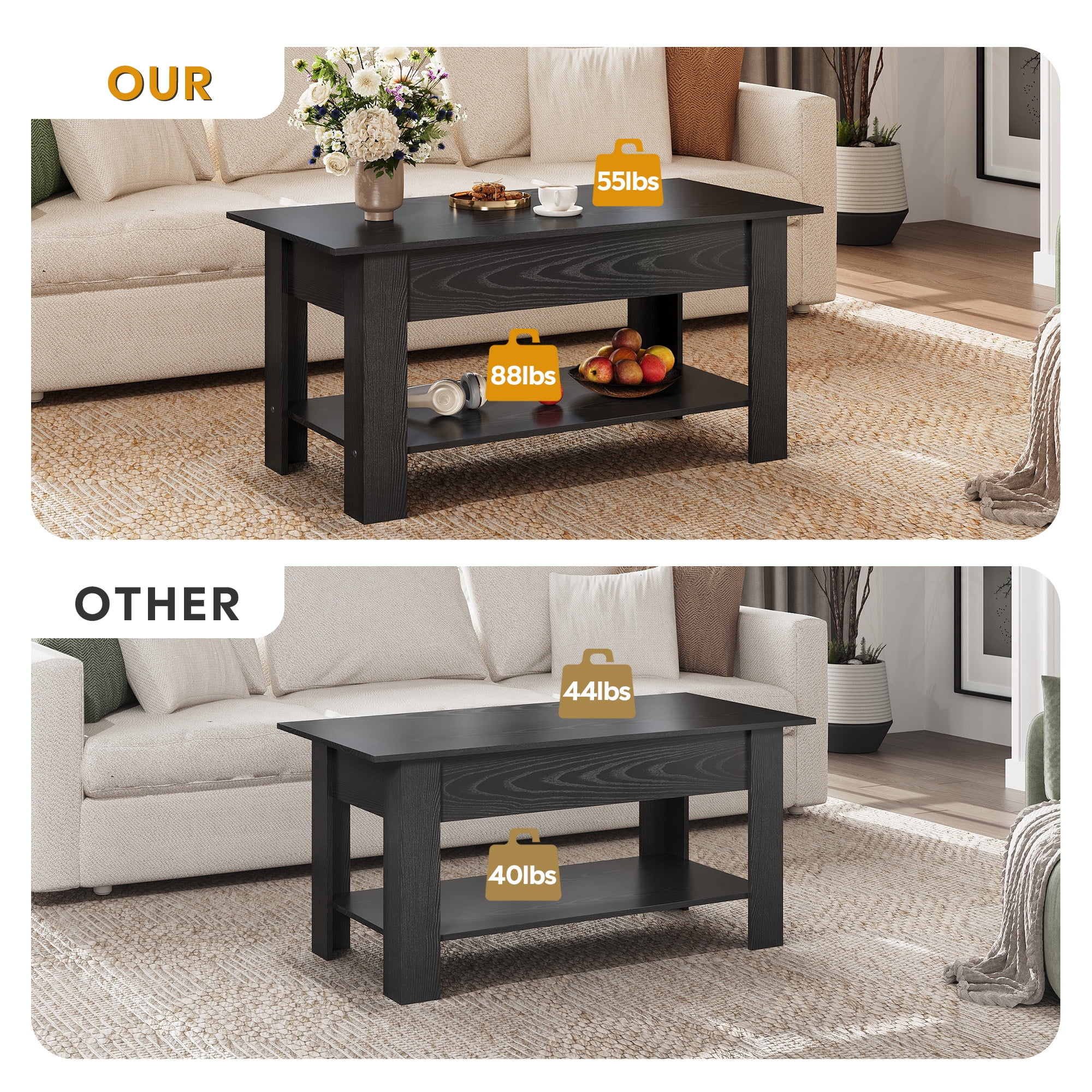 GALAXHERO 39" Lift Top Coffee Table with Storage Shelf & Hidden Compartment and Lifting Top for Home Living Room Office and Reception Room Black Oak
