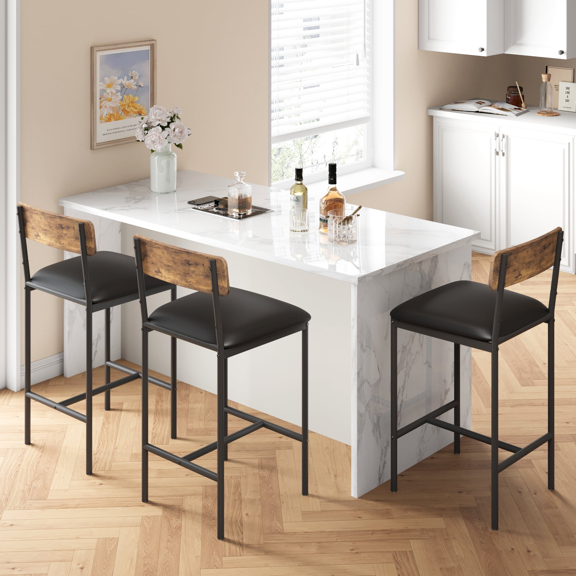 Bar Stools Set of 2, Upholstered Height Bar Stools with Backrest and Footrest, Kitchen Barstools for Island, Counter Bar, Easy Assembly, Rustic Brown
