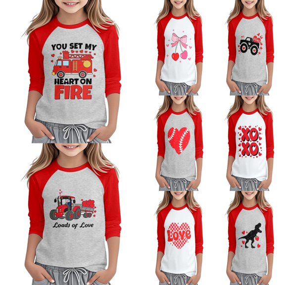 LRen Girl Valentine's Day Shirt Bowknot Heart Graphic Print Long Sleeve T-Shirts Valentine Pullover Tops Valentines Gifts for Kids Classroom