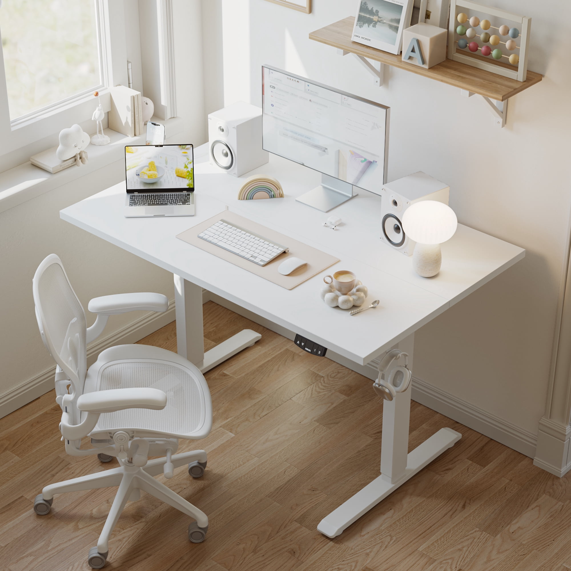 47.2 Inch Electric Height Adjustable Standing Desk, Ergonomic Home Office Desk with Memory Preset, Sit to Stand Computer Desk with Hooks, White