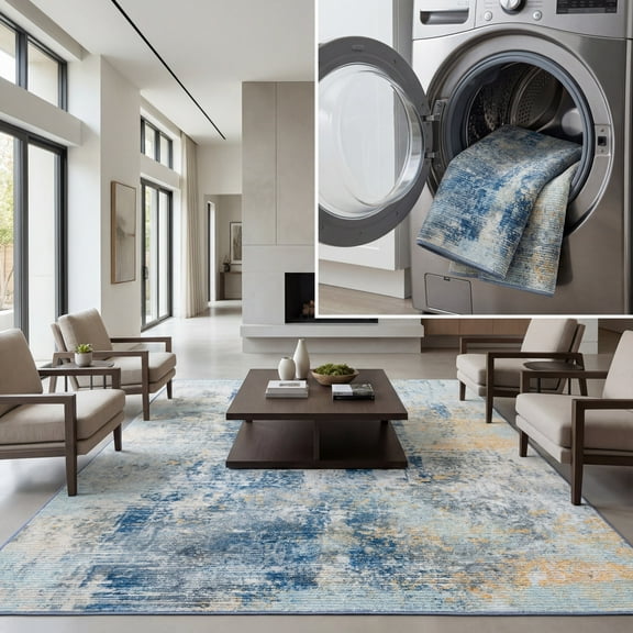 SAFAVIEH Sequoia Utica Abstract Polyester Machine Washable Area Rug, Ivory Blue/Gold, 8' x 10'