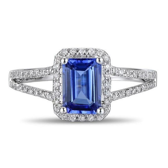 Split Shank Halo Art Deco 2 Carat Blue Sapphire Moissanite Diamond Engagement Ring for Women in 10k White Gold
