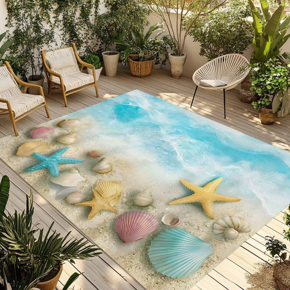 Blue Summer Beach Outdoor Rug for Patio/Deck/Porch, Non-Slip Large Area Rug 4 x 6 Ft, Coastal Starfish Shell Nautical Waves Indoor Outdoor Rugs Washable Area Rugs, Camping Rug Carpet Runner