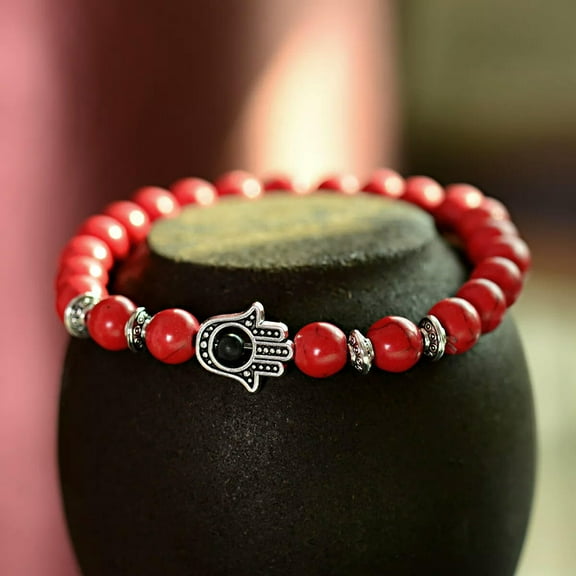 EOEMY Charm Man Women Silver Hamsa Hand Of Fatima Red Turquoise Beads Bracelets Lucky