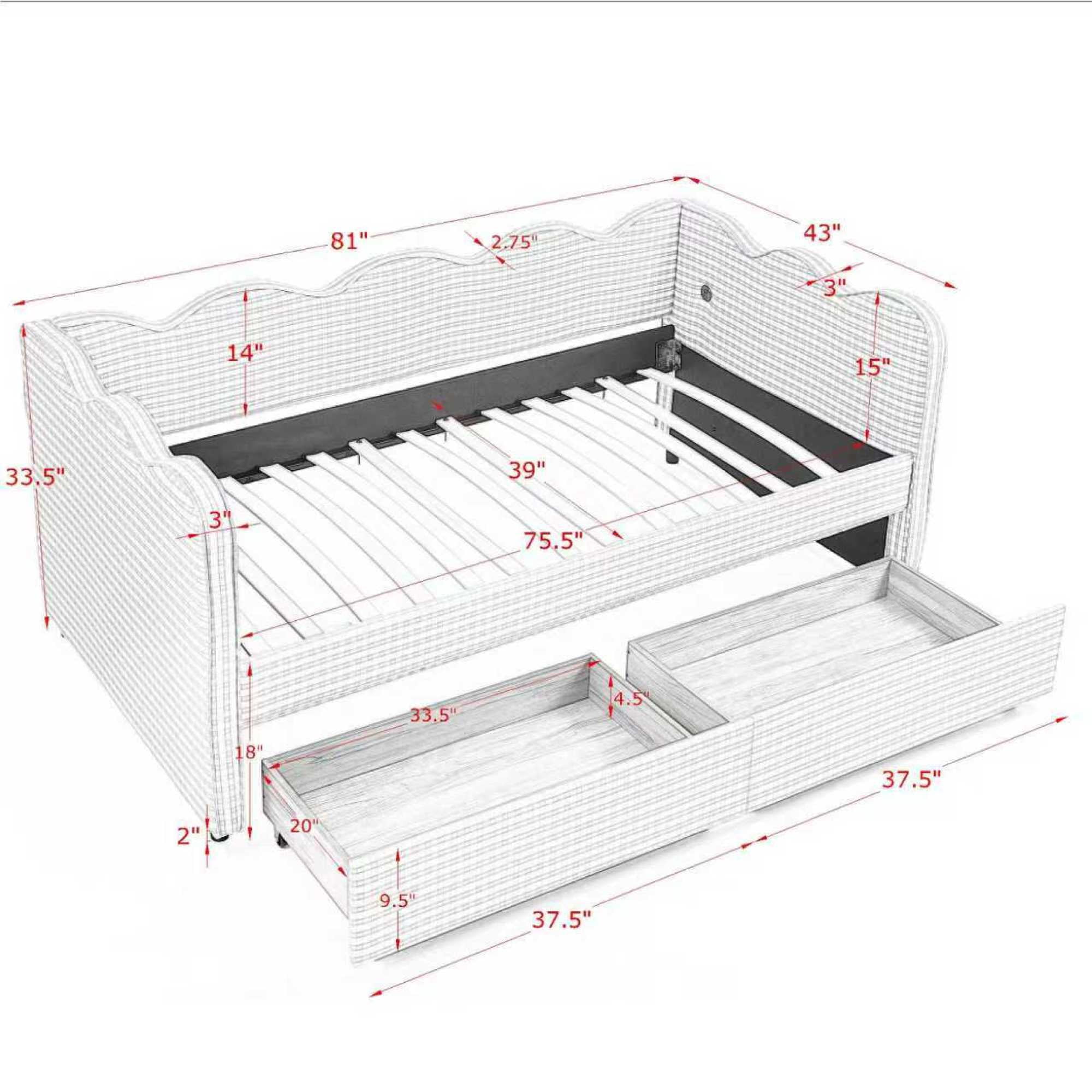 Leumius Twin Size Gingham Daybed with Storage Drawers,Modern Linen Daybed with USB Ports & Wave Shaped,Upholstered Day Bed Frame Sofa Bed for Living Room/Bedroom/Guest Room,Pink