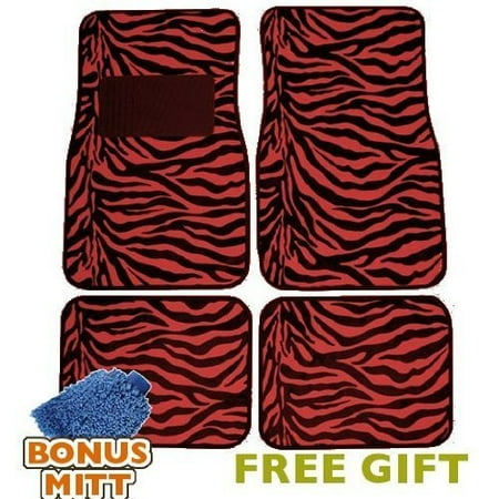 A Set of 4 Universal Fit Animal Print Carpet Floor Mats for Cars/Truck - Red Zebra Stripes & Bonus Detailing WASH MITT