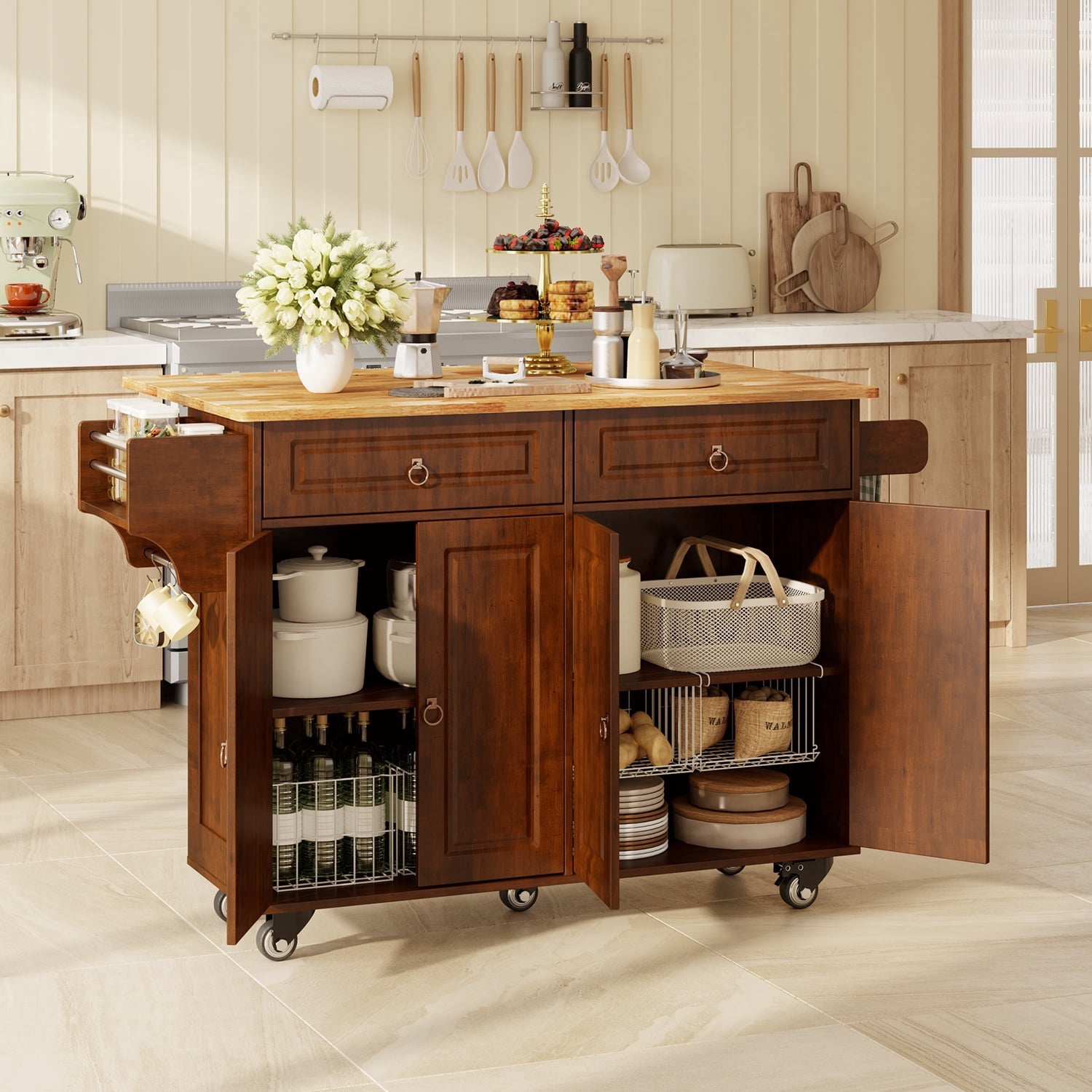 Noelse Rolling Kitchen Island Table with Storage, Drop Leaf Countertop, Kitchen Island with Rubber Wood Top, Cabinets & Rack, Brown