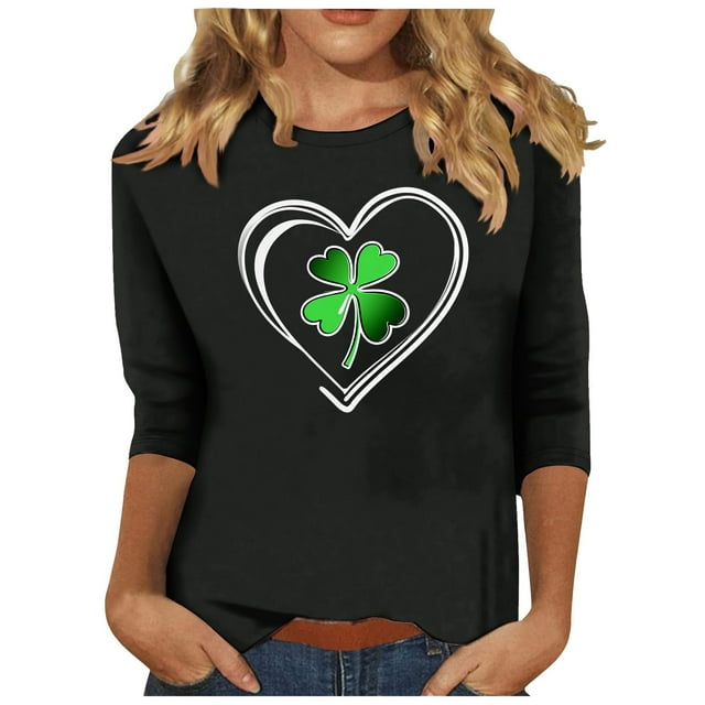 Hauts d'Été et de Printemps pour Femmes Chemisier Décontracté à Imprimé de la Saint-Patrick à la Mode pour Dames Col Rond Manches 7 Pouces Blouse Décontractée Noire TTTG