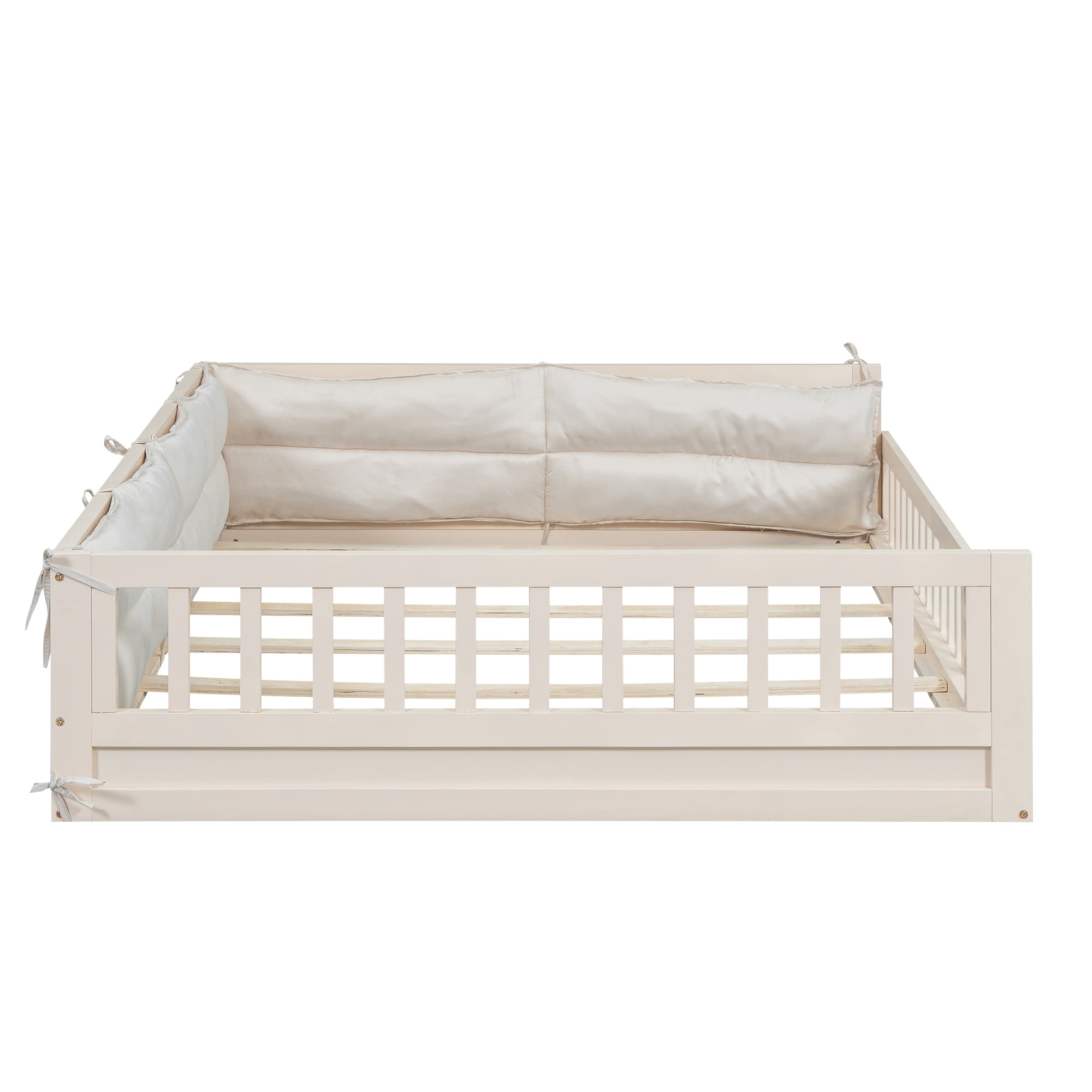 Euroco Upholstered Full Size Platfrom Bed, Floor Bed with Pillow, Beige