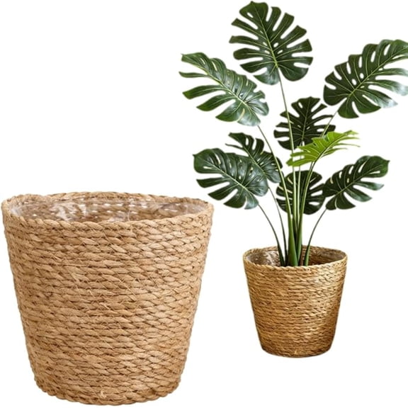 Woven Storage Basket, Straw Plant Pot Cover Round Seaweed Rope Flowerpot Sleeve Indoor Ground Planter Holder Container with Handles Home Decor, 1 Pack
