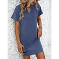 thumbnail image 5 of Yesfashion Women Summer T-shirt Shift Dress Casual Twist Stripe Short Sleeve Crew Neck Knee Length Comfy Dress with Pockets, 5 of 6