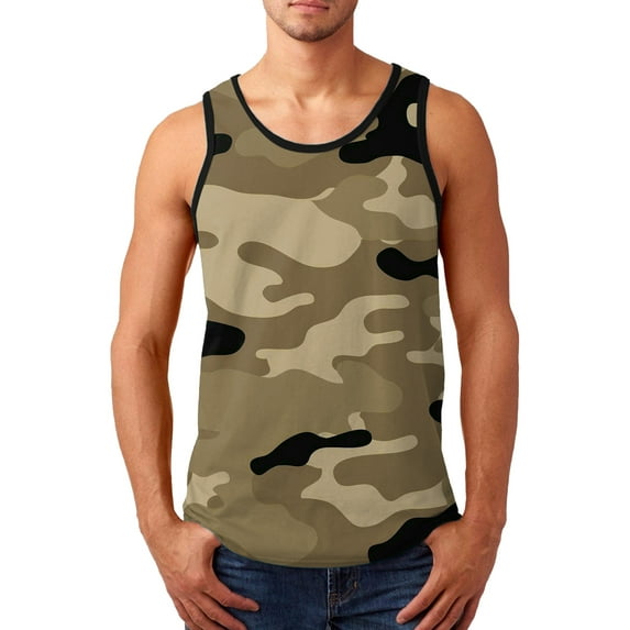 Seyurigaoka Men's Sleeveless O-Neck Sport Vest, Patchwork Edges Camouflage Tops, Plus Size Stretchy Fitness Tops