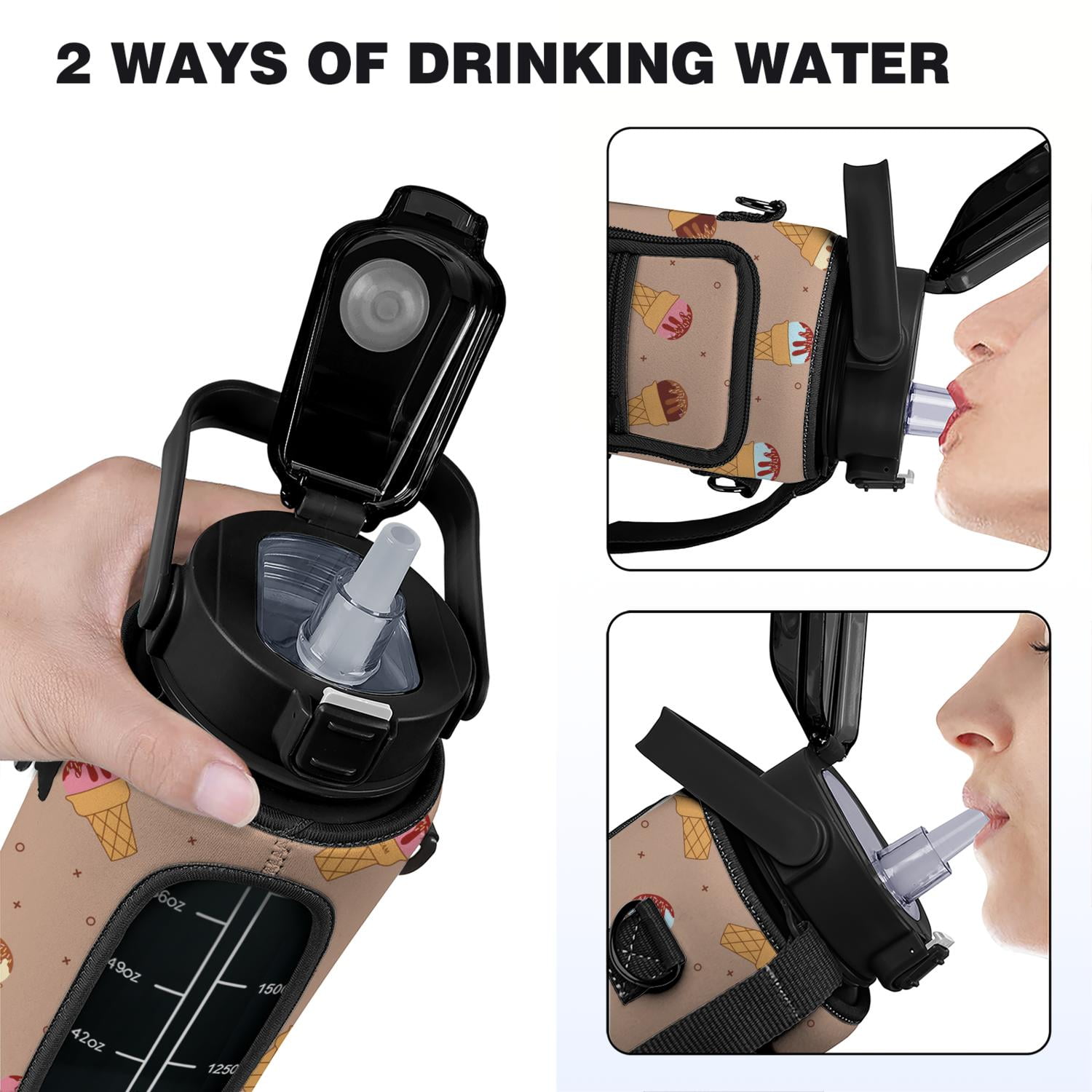 Ice-cream Brown 64 Oz Water Bottle with Measurements - BPA Free Leakproof Sport Large Plastic Water Bottle with Straw Strap & Insulated Neoprene Holder Carrier Bag Great Gift for Women Men