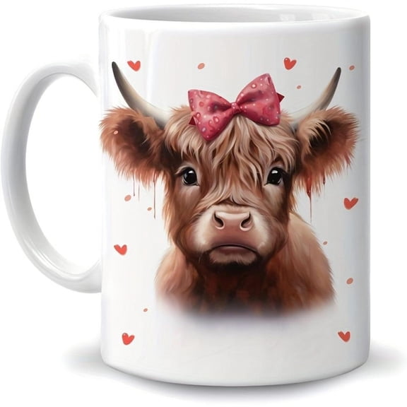 Highland Cow Ceramic Coffee Mug 11oz with Heart Shape Insulated Hand Wash Only Multi Use Cup Farm Animal Lovers Women Girlfriends Birthday Gifts