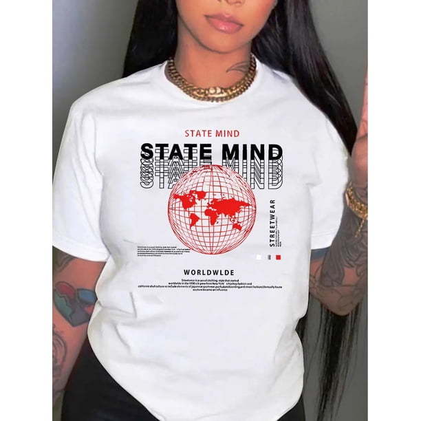 Camiseta de verano para mujer con Cuello RedondoWomen's Fashion Geometric Earth Print T-Shirt, Casual Round Neck Short Sleeve, Comfortable Summer Top, Knitted Polyester, All-Season, Streetwear Style
