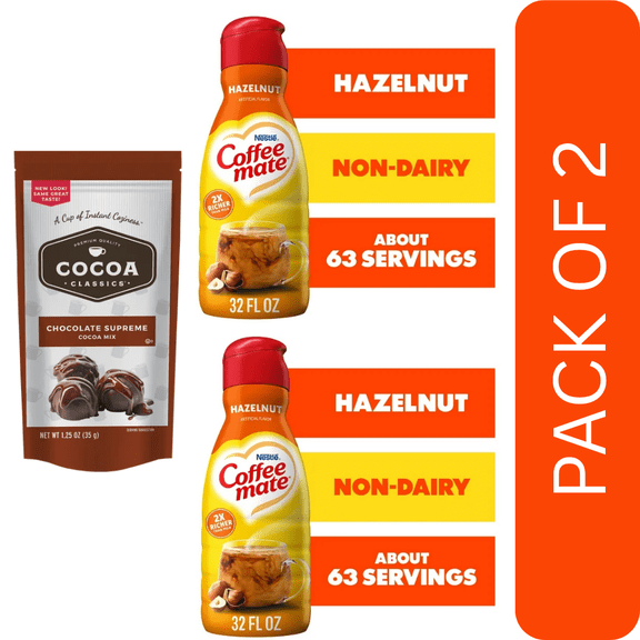 Pack Of 2 Coffee mate Hazelnut Liquid Non-Dairy Coffee Creamer, 32 fl oz, With Hot Cocoa Mix By Value Nest