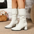 thumbnail image 2 of UngA Women Mid Calf Boots Chunky Low Heel Riding Booties Motorcycle Biker Round Toe Fashion Buckle Western Booties Trendy Stylish Boots Women White,Size 9.5, 2 of 7