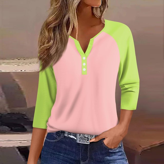 Fiudx Liquidación de Ofertas Flash Blusas Estampadas con Bloques de Color Informales para Mujer, Top con Cuello En V y Botones, Manga 3/4, Hombro a Manga