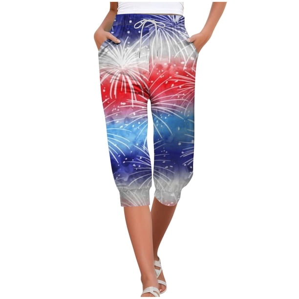 Pantalones Capri Casual Elastic Tie Waist Loose Long Independence Day Pantalones de Mujer con Bolsillos