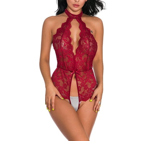 

Frontwalk Ladies Nightwear Lace Underwear Floral Lingerie Club Backless Sleepwear Babydoll Wine Red M
