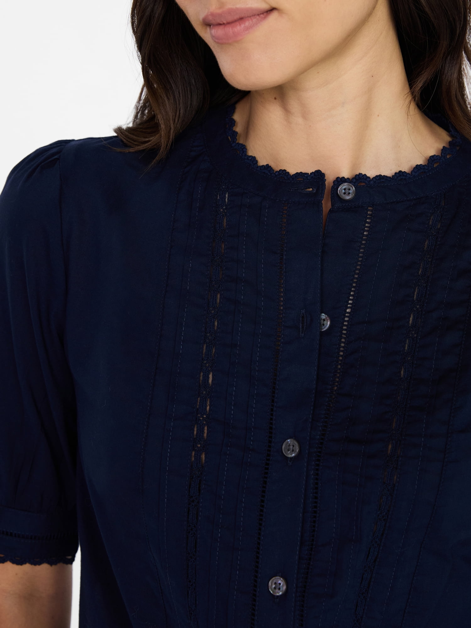 Time and Tru Women's and Women's Plus Lace Inset Button Front Cotton Shirt with Short Sleeves, Sizes XS-4X