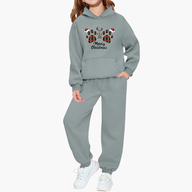 Conjunto de sudadera con capucha de manga larga para niños con estampado invernal y pantalones deportivos con lazo en las piernas, deportivo informal con forro polar para mayor calidez, conjunto de do