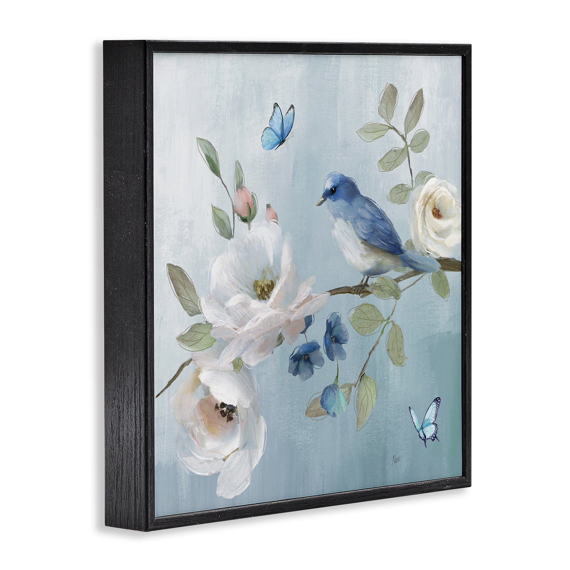 Stupell Industries Pastel Blue Bird Blooms Black Framed Giclee Art, design by Nan