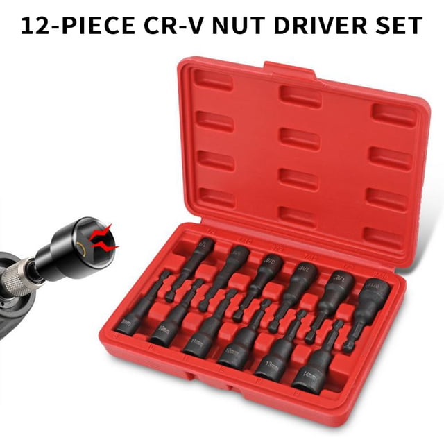 Driver 12-Pack Magnetic Nut Driver Set, Chrome-Vanadium Steel Impact Power Hex Nut Driver Drill Bit Master Kit, SAE & Metric Size, 1/4-Inch Quick-Change