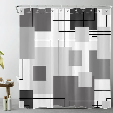 Grey and White Striped Geometric Shower Curtain Decor, Abstract Mid Century Modern Black Shower Curtains for Bathroom 72X78 inch Polyester Fabric Bathroom Decoration Bath Curtains Hooks Included