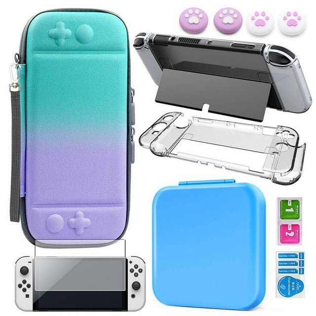 MesaSe For NintendSwitch OLED Accessories Set Storage Bag 9H Tempered Glass Protective Film Game Card Case PC Hard Shell Thumb Grip Cap