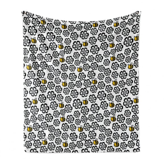 Bee Soft Flannel Fleece Blanket, Silhouette Floral Pattern with Colored Cartoon Bees Flying in Botany Nature, Cozy Plush for Indoor and Outdoor Use, 60" x 80", Black White and Yellow, by Ambesonne