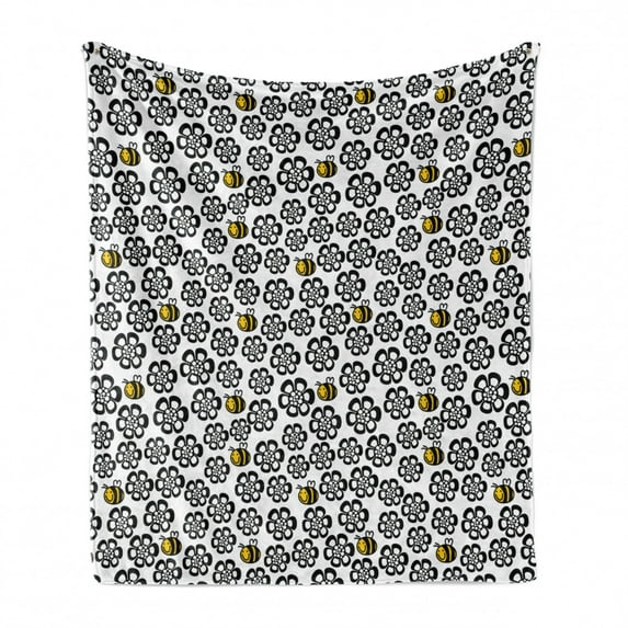Bee Soft Flannel Fleece Blanket, Silhouette Floral Pattern with Colored Cartoon Bees Flying in Botany Nature, Cozy Plush for Indoor and Outdoor Use, 60" x 80", Black White and Yellow, by Ambesonne