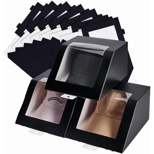 Caja de almacenamiento para sombreros negros (10 unidades), cajas de regalo plegables de cartón con ventana de PVC transparente, contenedor de almacenamiento de 7,8" x 7,8" x 4,7".