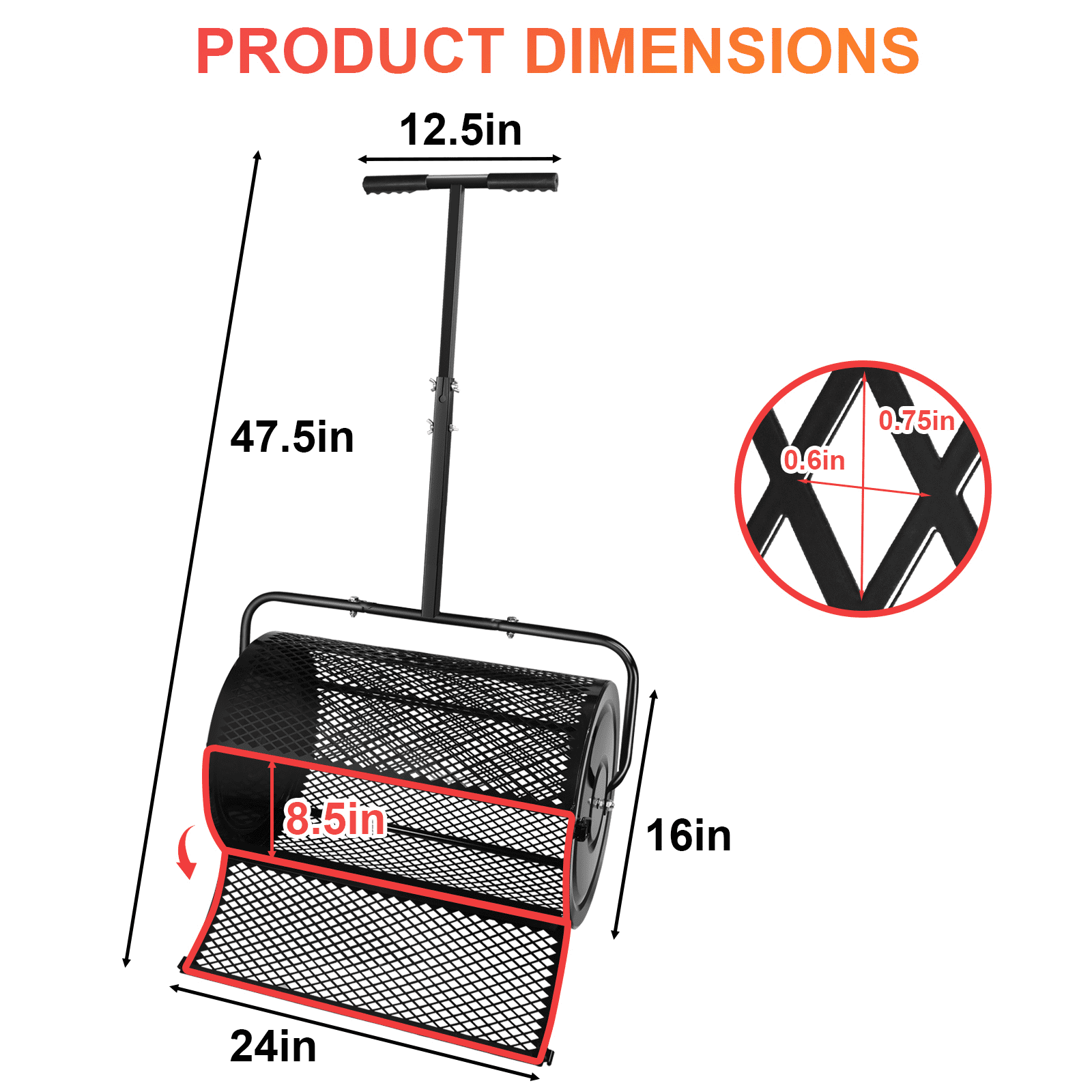 Lixhey 24-Inch Compost Spreader & Peat Moss Spreader – Lawn Roller Spreader with Adjustable T-Handle, Steel Mesh Basket, Black