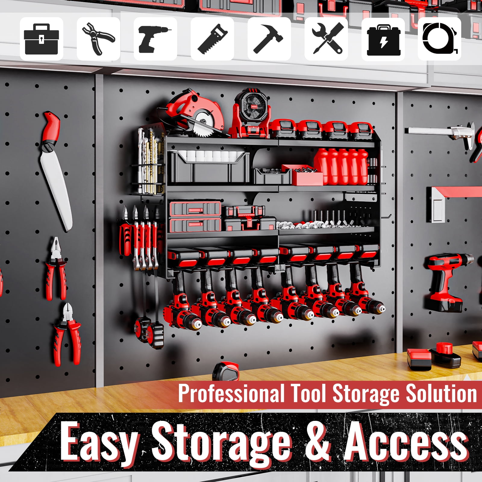 VeyFolzin.st Power Tool Organizer Wall Mount, Metal 4 Layer Heavy Duty Metal Power Tool Storage Rack, Garage Drills Storage Shelves with Screwdriver Holder Plier Holder