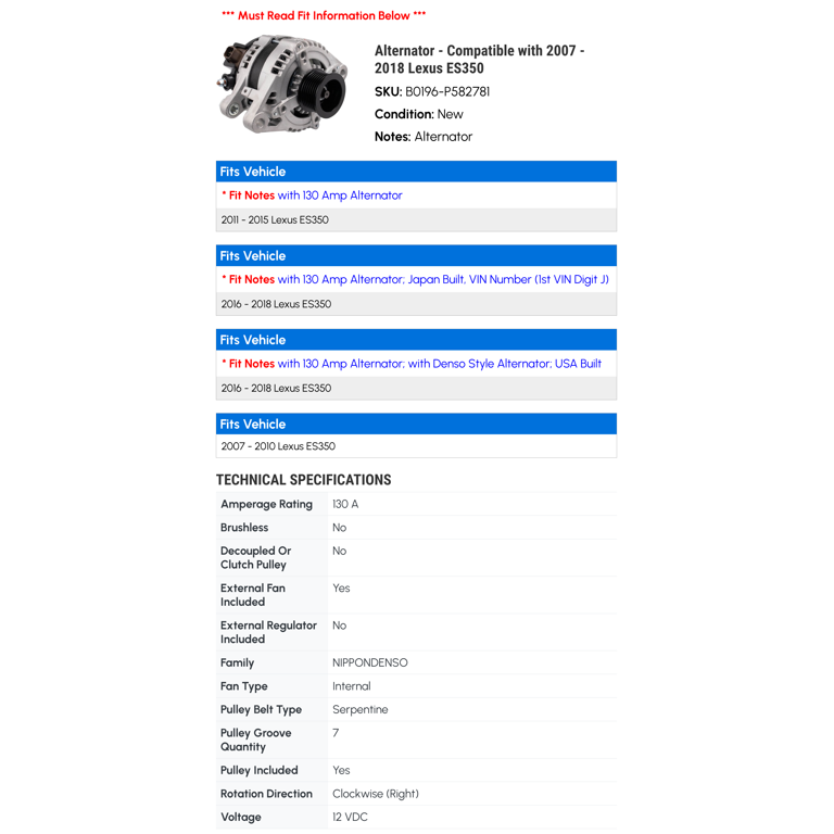 New 130A Alternator For 2007-2016 Lexus ES350 - ECCPP Replacement With 1-Year Warranty 10 thumbnail image