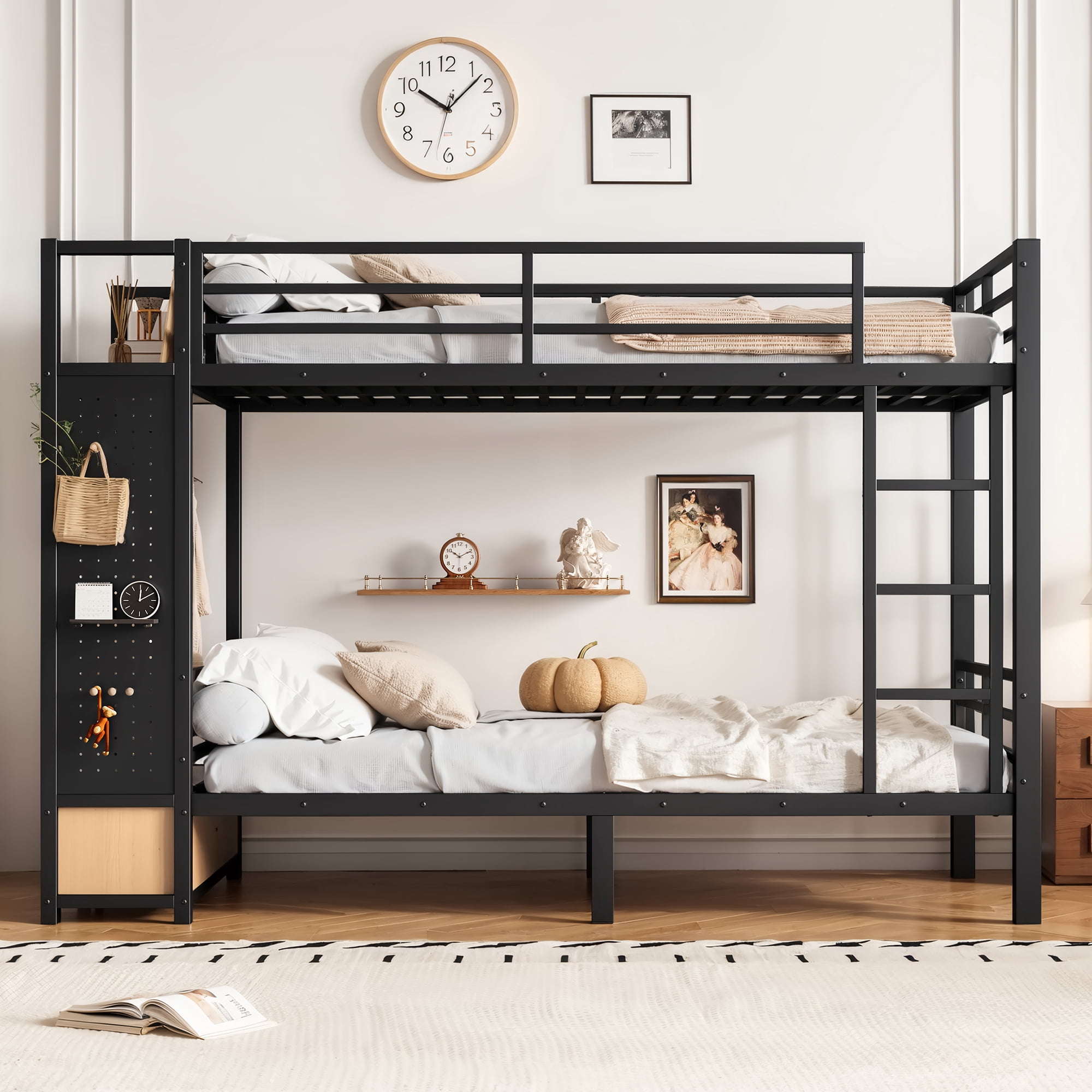 Leumius Twin XL over Twin XL Metal Bunk Bed with Built-in Wardrobe,Heavy Duty Loft Bed Frame with Storage Shelves,Drawers and Pegboard,Space-Saving,Black