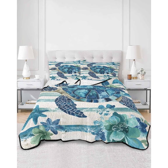 Quilts King Size, Teal Blue Turtle Coastal Soft Comforter Bedding Set for Bed, Vintage Stripe Botanical Beach Lightweight Quilted Bedspread with Pillow Cover(2 Pieces) for All Season, 96x106 Inch
