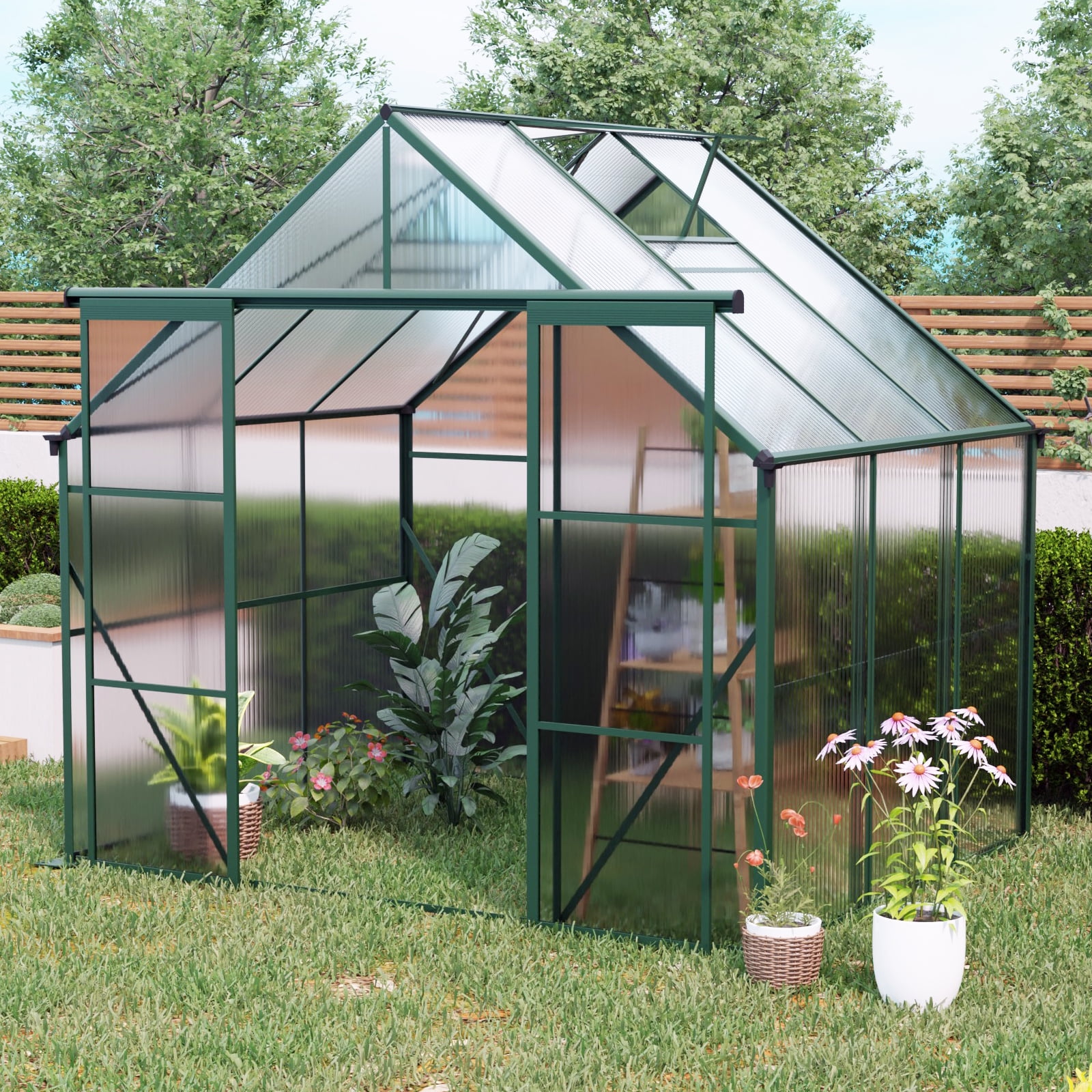 Witaxima 8X6FT Green Double Door Polycarbonate Greenhouse with Raised Base, Aluminum Heavy Duty Walk-in Greenhouse for Outdoor Backyard, All Season Use