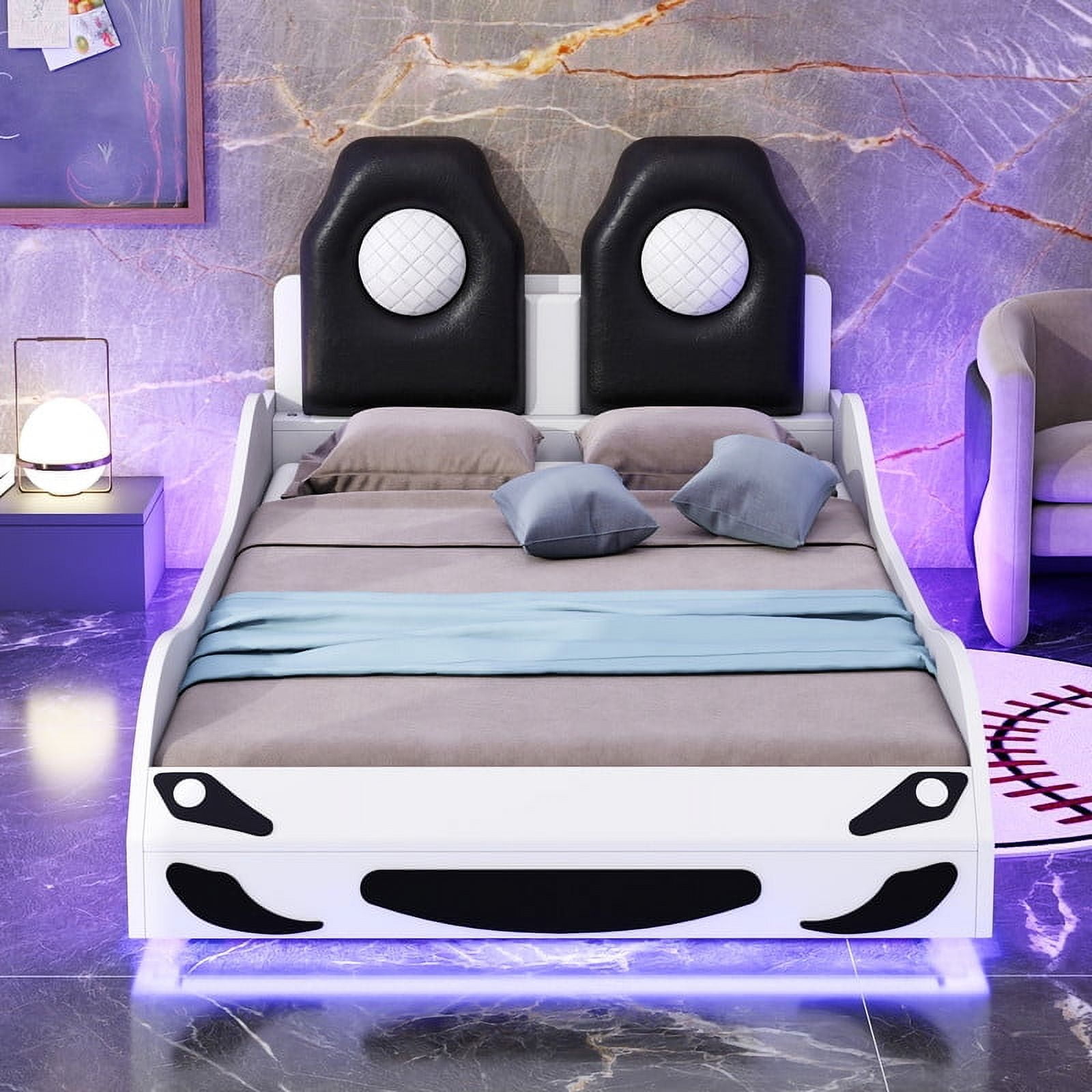 Bellemave Race Car Bed with LED Lights, Twin Size Bed Frame for Boys Kids Toddler Bed, Wooden Platform Racing Car Bed with Upholstered Backrest Headboard, No Box Spring Needed（White)