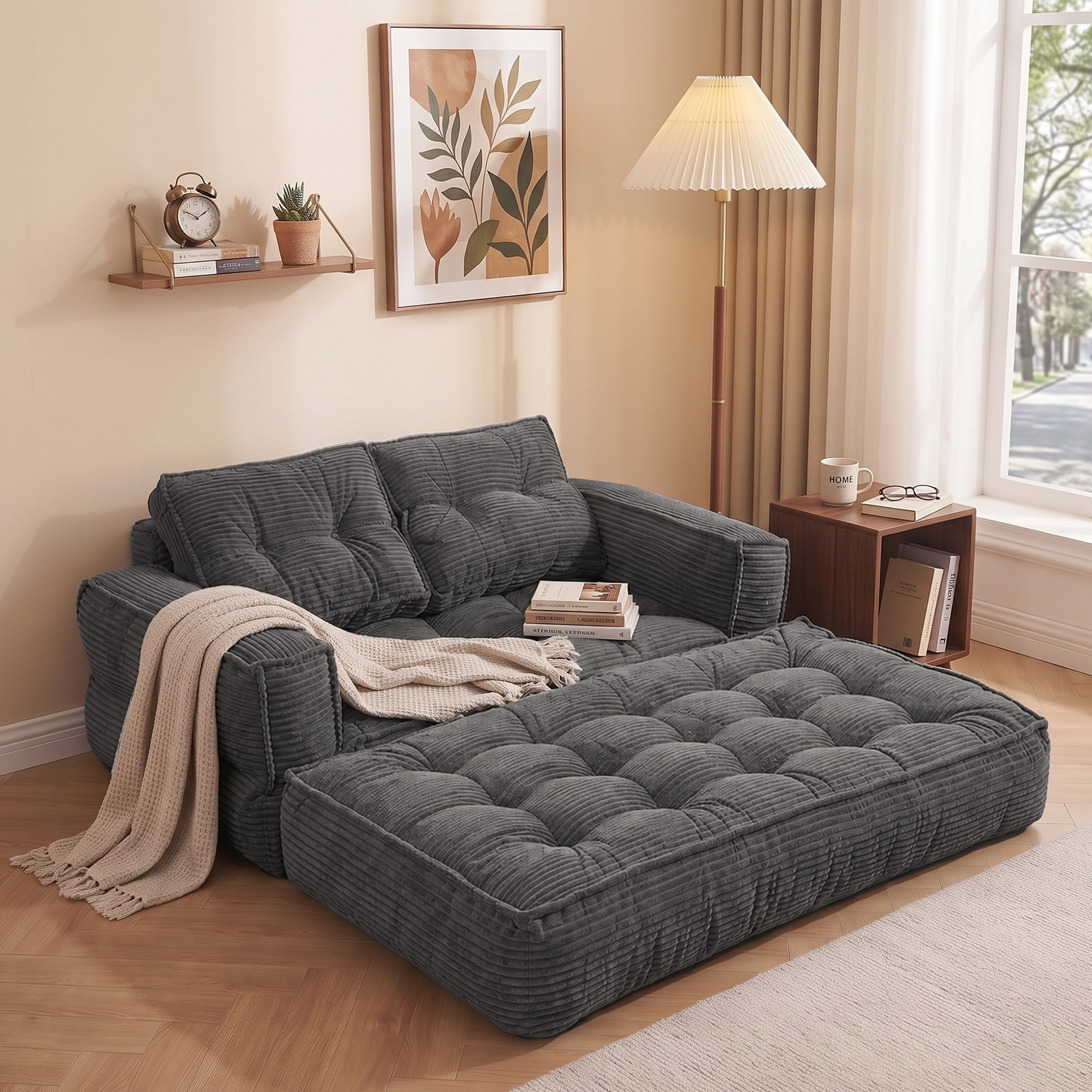 Leumius 2 Seater Modular Corduroy Sofa with Chaise Lounge,2-in-1 Boneless Convertible Floor Couch,Lazy Double Sofa with Armrest for Living Room Bedroom Apartment Game Guest Room,Dark Gray