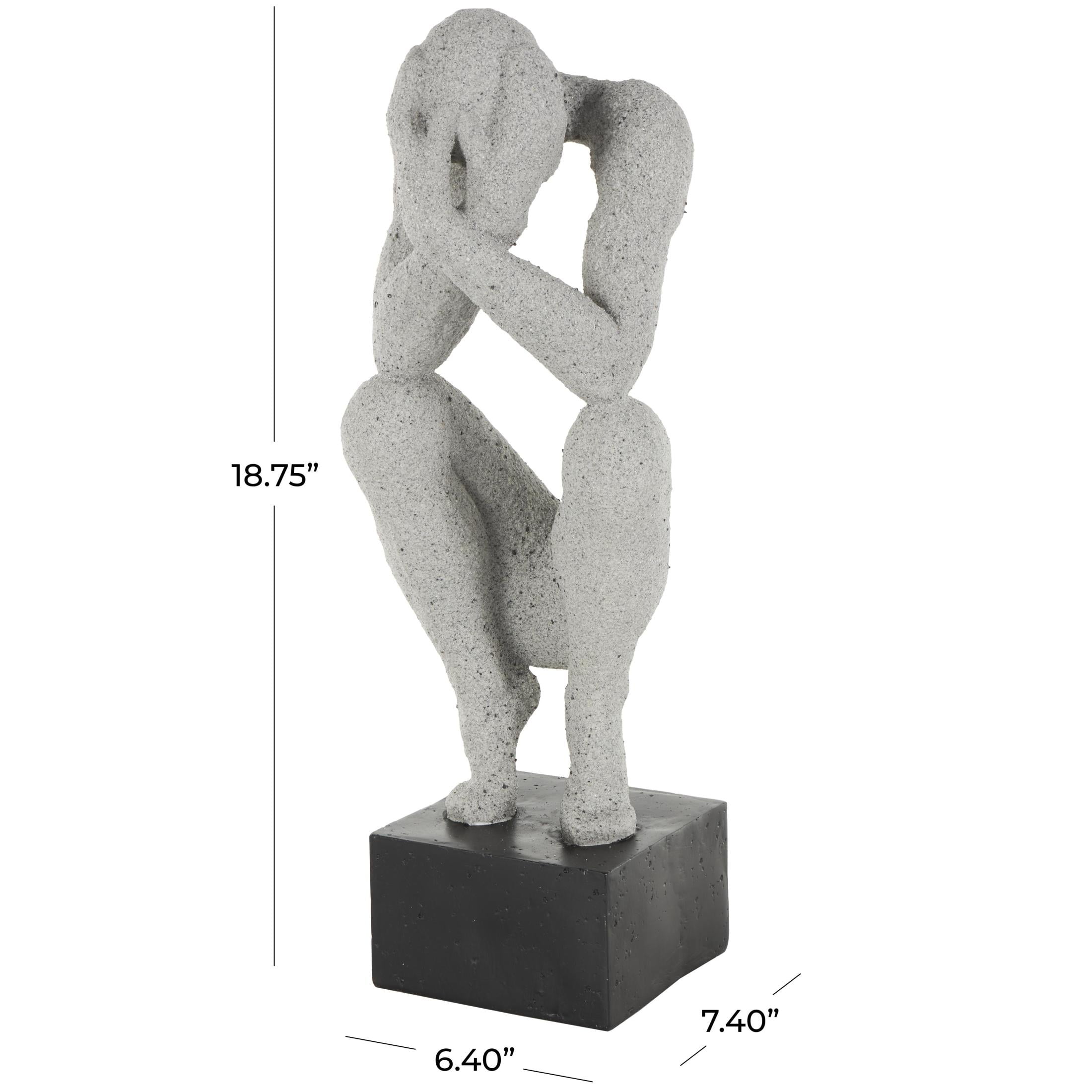 6" x 19" Gray Polystone Crouching People Sculpture with Black Square Base, by DecMode