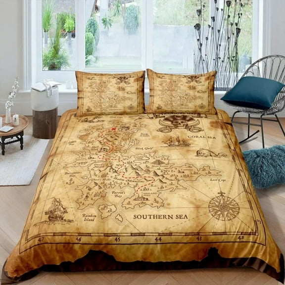 Nautical Duvet Cover Set Boat Pirate Bedding Set King Size Retro Sailboat Brown Comforter Cover Anch