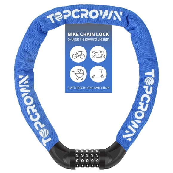 Candado con cadena para bicicleta Topcrown, 1 m, de alta seguridad, antirrobo, azul