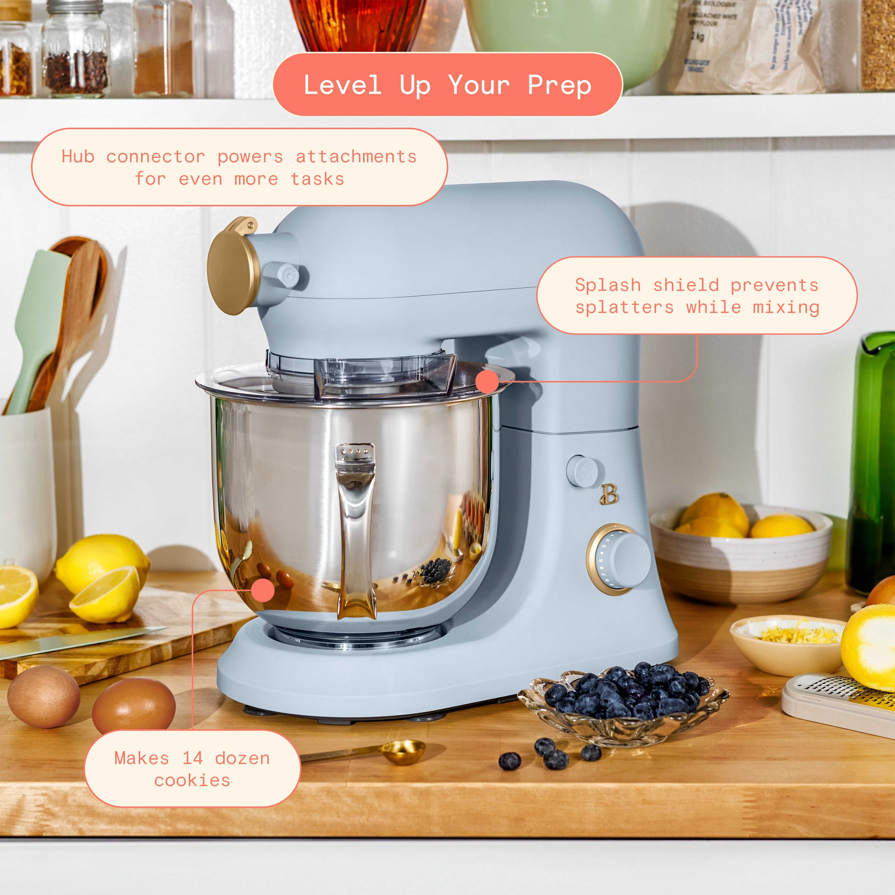 Beautiful 6 Qt Tilt-Head Stand Mixer with Dough Hook, Flat Beater, Balloon Whisk, Pastry Beater & Slicer/Shredder Set, Cornflower Blue by Drew Barrymore