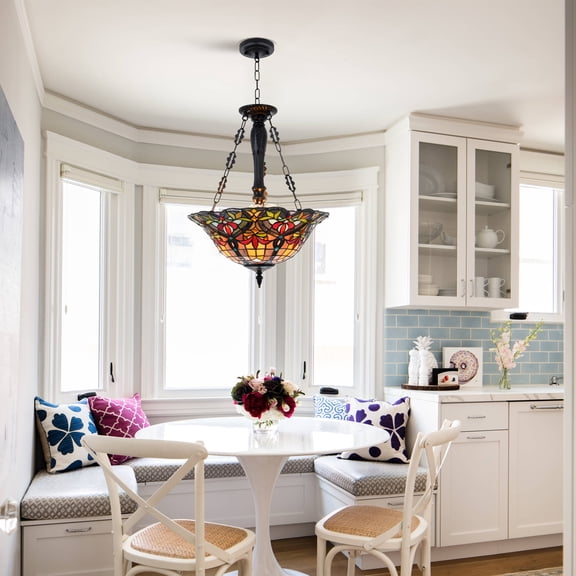 Chandelier, Stained Glass Pendant Light Fixture 3-Lights 18 Inch Inverted Ceiling Pendant Lights for Bedroom Dining Living Room Entryway Foyer (Chandelier 18 Inch)