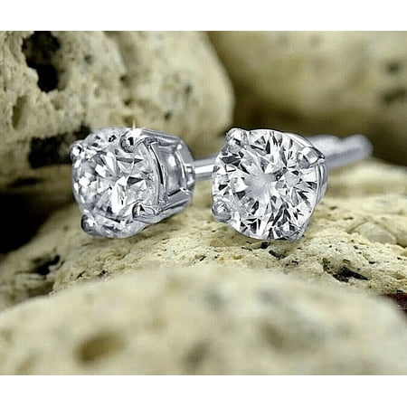 2 Ct Round Cut Simulated Diamond Stud Earrings in 14K White Gold Over Sterling Silver - 8mm Push Back Design